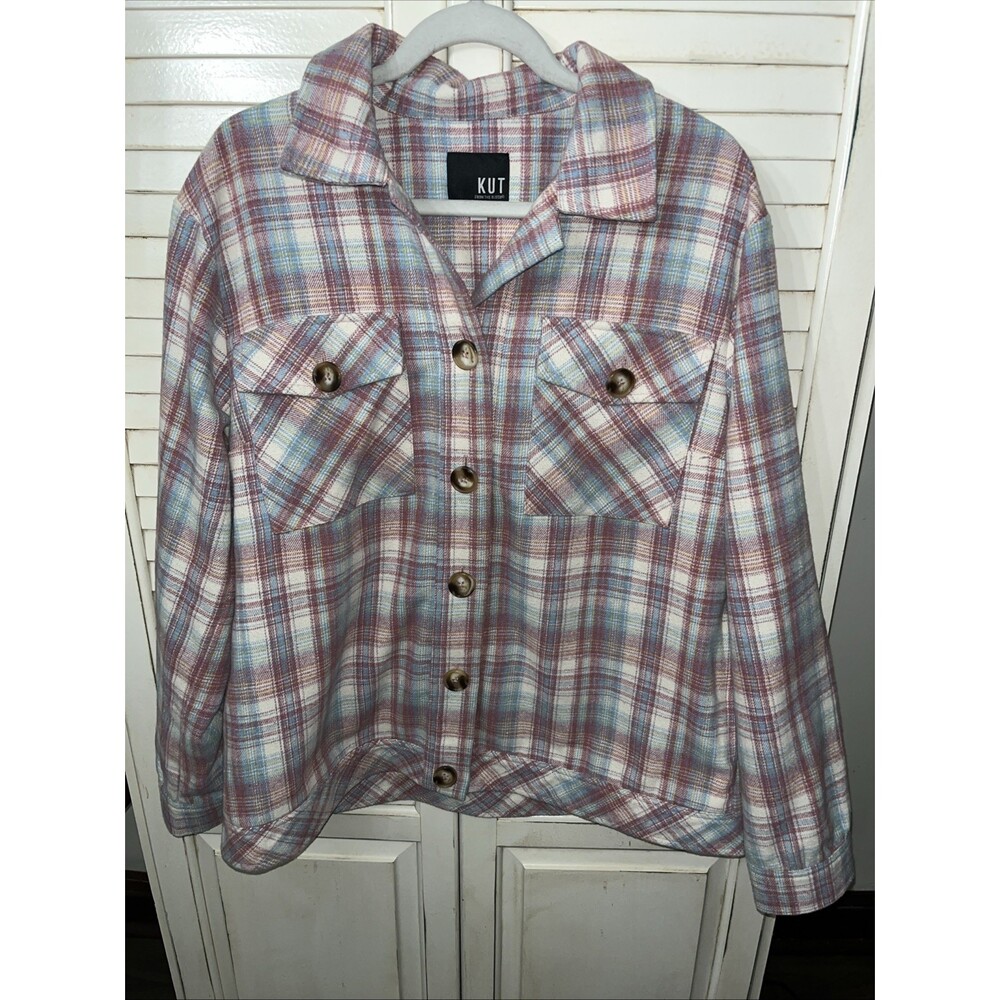 KUT from the Kloth Magnolia Plaid Shacket Shirt Jacket Button Dusty Rose/Blue XL